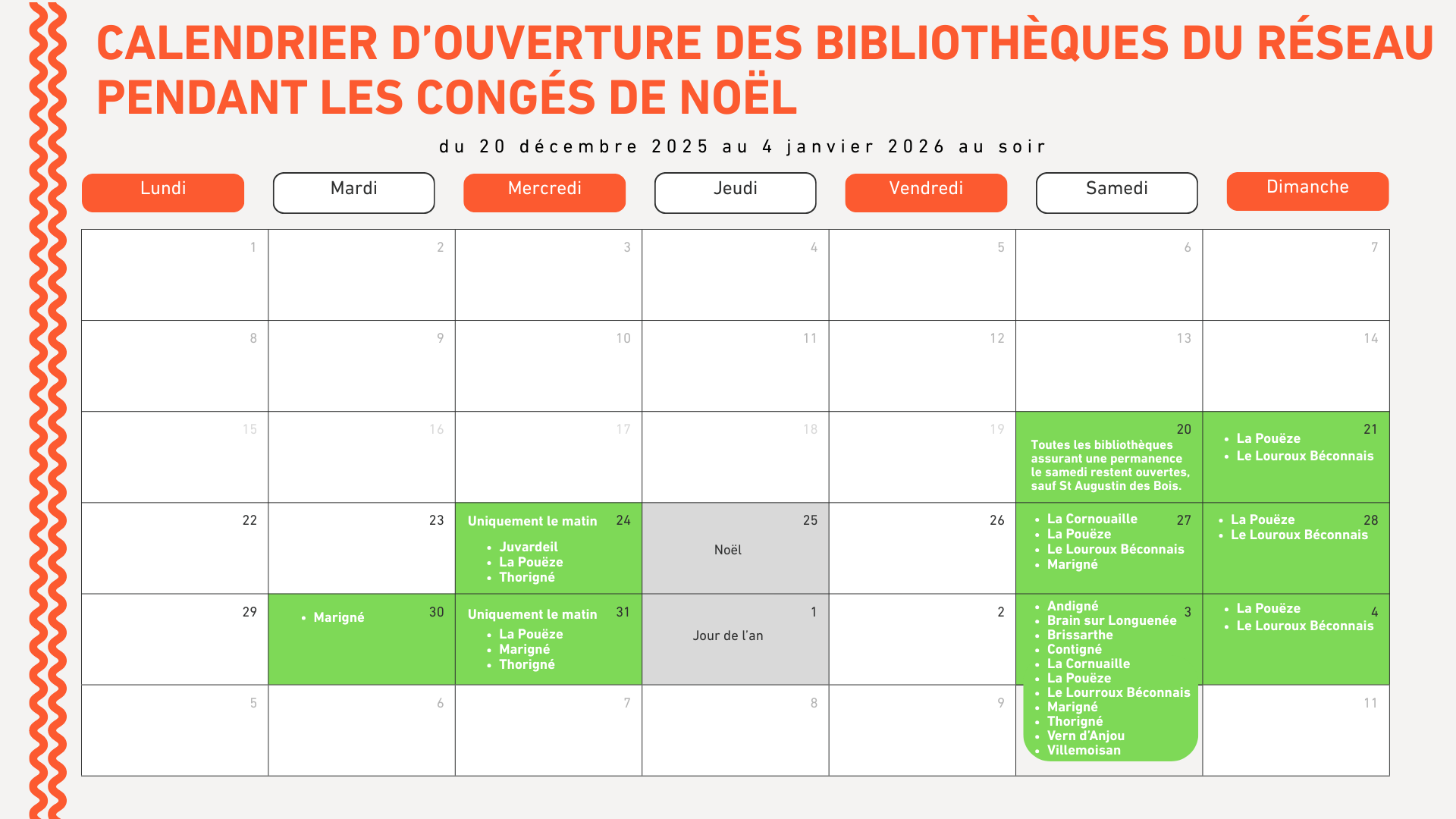 **Cliquez sur l'image pour zoomer** Calendrier ouverture bib reseau conges noel2025